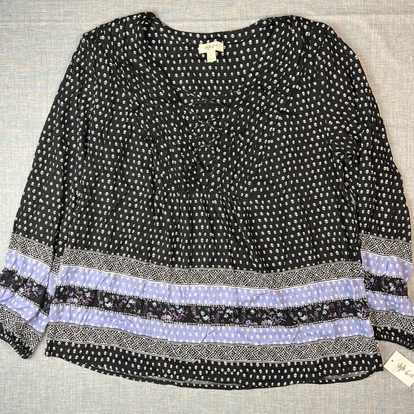 Style & Co Black & Purple Printed LaceUp V-Neck Peasant Top Size Large - Picture 2 of 5